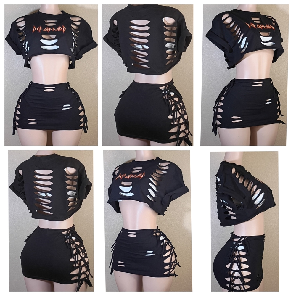 Black Custom Def Leppard Tshirt Skirt Set